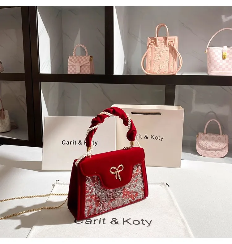 High Quality Sexy Red Velvet Square Bag Fashion Embroidery Women's Handbag Shoulder Crossbody Bag Lady Purse Bride Wedding Bag