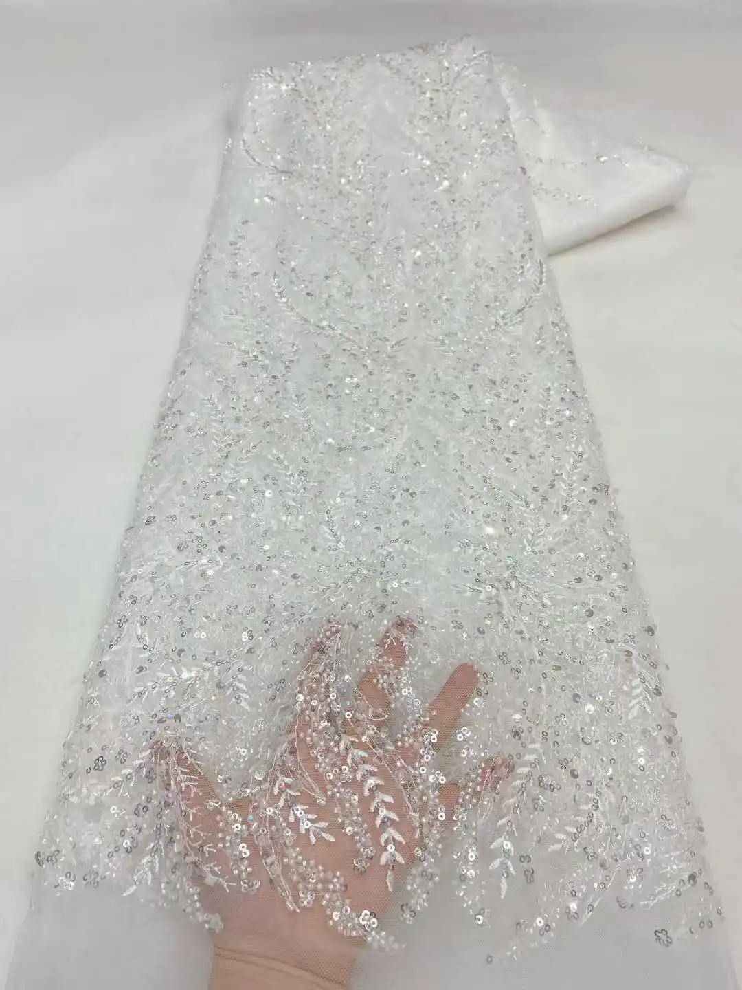 2025 tecido de renda africano de alta qualidade nigeria laranja frisado tecido de renda lantejoulas tule tecido para festa de casamento costura sz1708