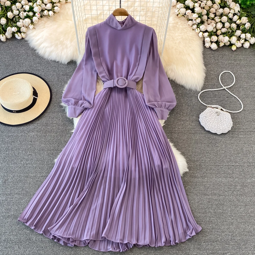 

Fashion New Chiffon Dress Spring Ladies Elegant Pleated Solid Mock Neck Belt Long Over Knee Dress Women Summer Dress Dresses