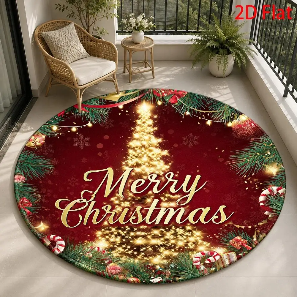 Christmas New Year Round Decorative Doormat Santa Firework Tree Star Candy Cane Floor Mat for Indoor Home Winter Holiday Decor