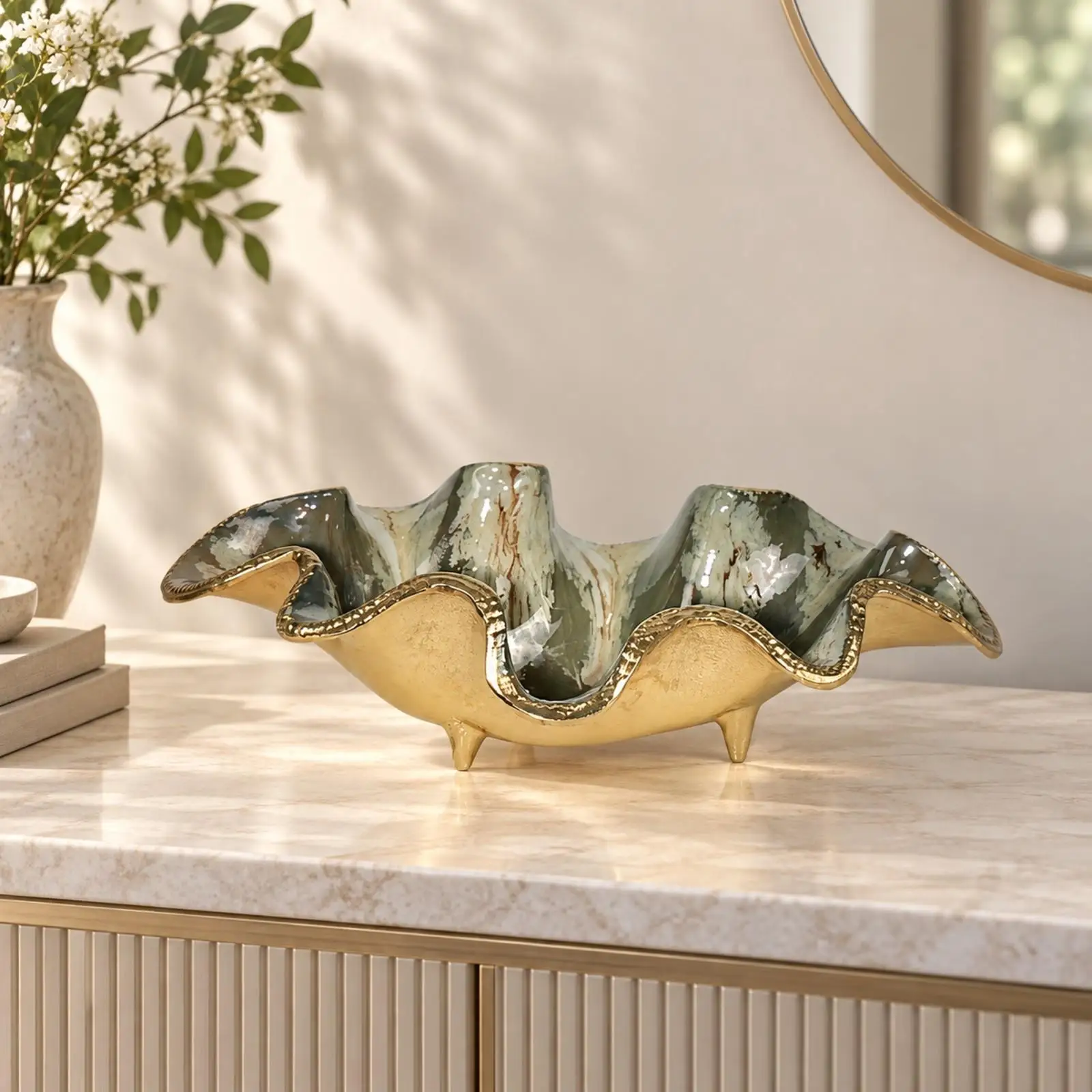 Aluminum Enamel Fruit Bowl Glossy Decorative Tabletop Bowl with Waved Rim Decorative Serving Tray Modern for Dining Table