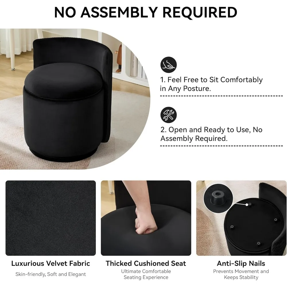 كرسي فانيتي مع مساحة تخزين، 360 ° كرسي مكياج دوار مع ظهر مموج، بدون تجميع مقعد صغير لغرفة النوم والخلع الملابس #4