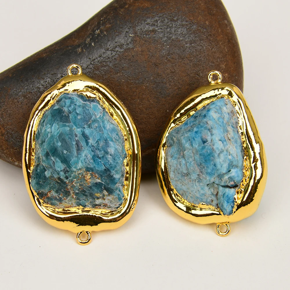 5 Pcs Big Natural Blue Apatite Rough Raw Gold Plated Edge Connector Real Stone Jewelry Making DIY