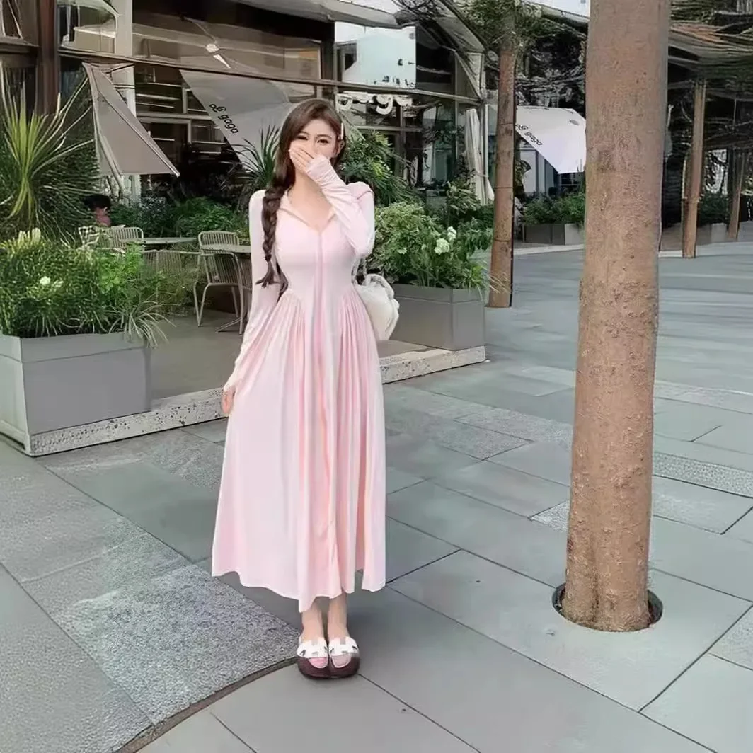 Hooded sunscreen clothes over knee ice silk long sleeves UV protection breathable sunscreen long dress thin slim ice silk dress