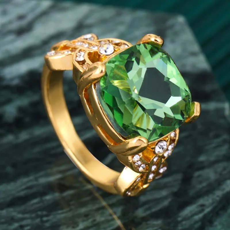 

Huajie Luxury Green Square Zircon Gold Color Rings for Women Wedding Engagement Ring Jewelry Accessories Trend