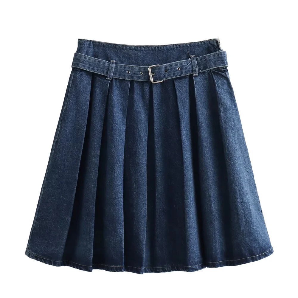 Kar&Otza 2024 Summer New Women's Fashion Style Wide pleats Versatile Casual Metal Buckle Belt Decoration Denim Skirt Half Skirt