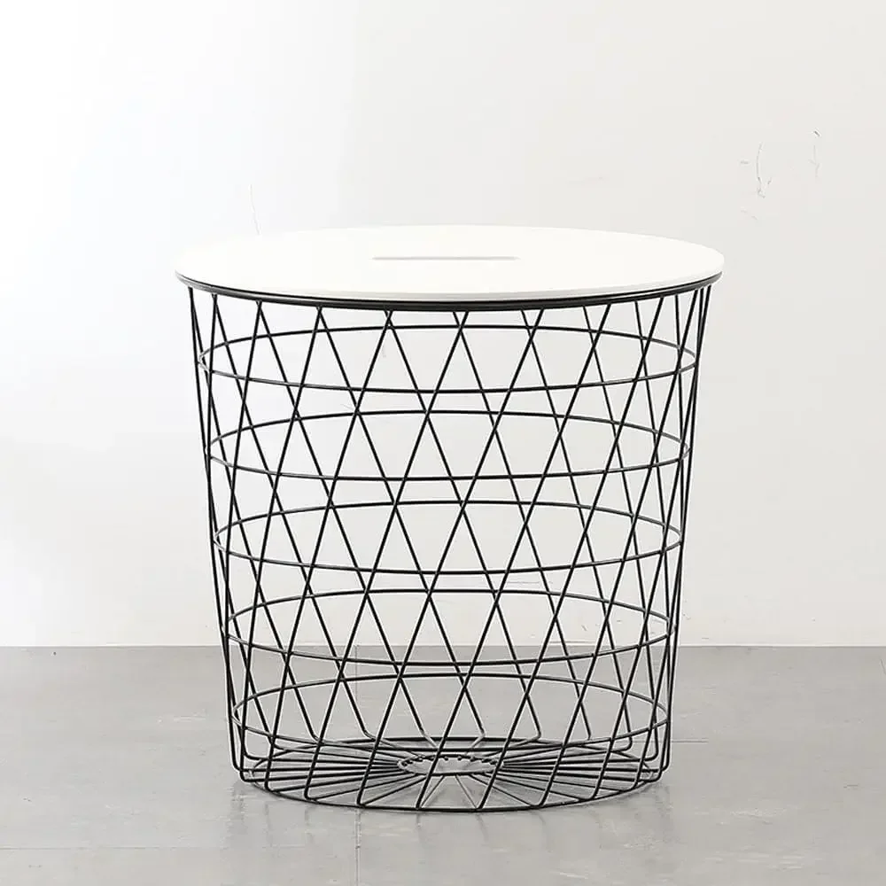 

Modern Round Side Table Metal Storage Removable Top Wire Basket Home Accent Table Living Room Bedroom