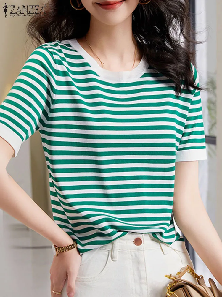 

ZANZEA Short Sleeve Striped Tunic Tops 2024 Summer Women Contrast Color O Neck Shirt Fashion OL Work Casual Loose Blouse Blusas