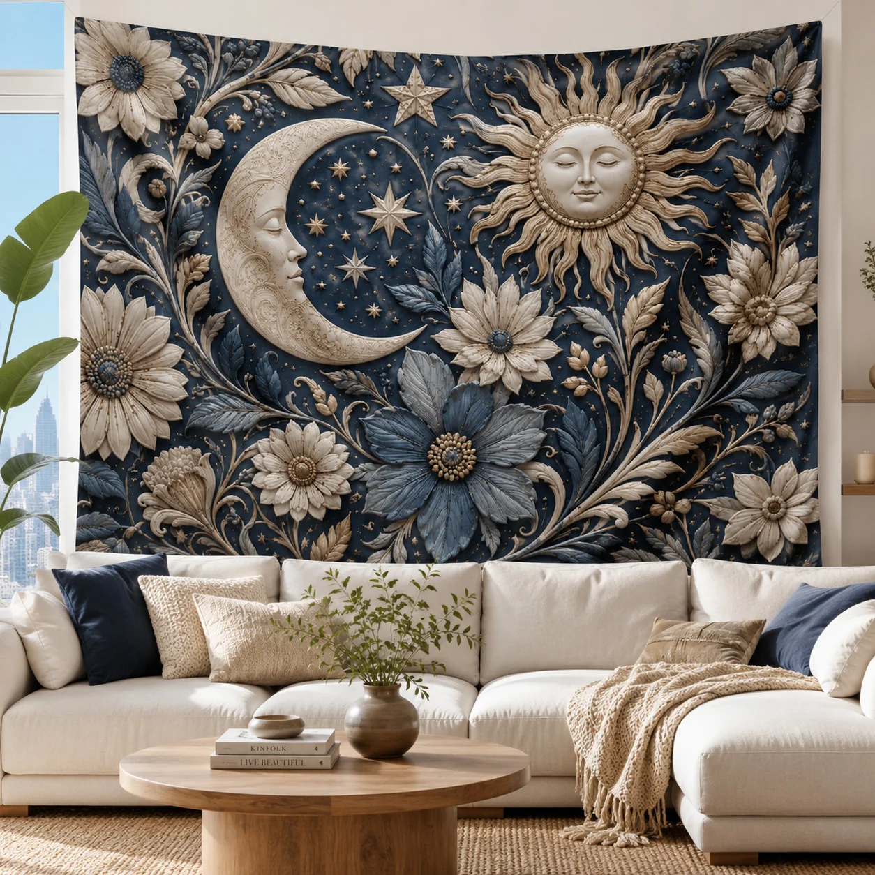 Navy Blue Sun Moon Tapestry Wall Hanging Celestial Floral Boho Wall Art for Bedroom Dorm Living Room
