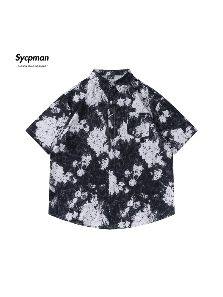 

Sycpman Vintage Tie Dyed Black Grey Short Sleeve Shirts for Men Summer Trendy Loose High Street Casual Shirt