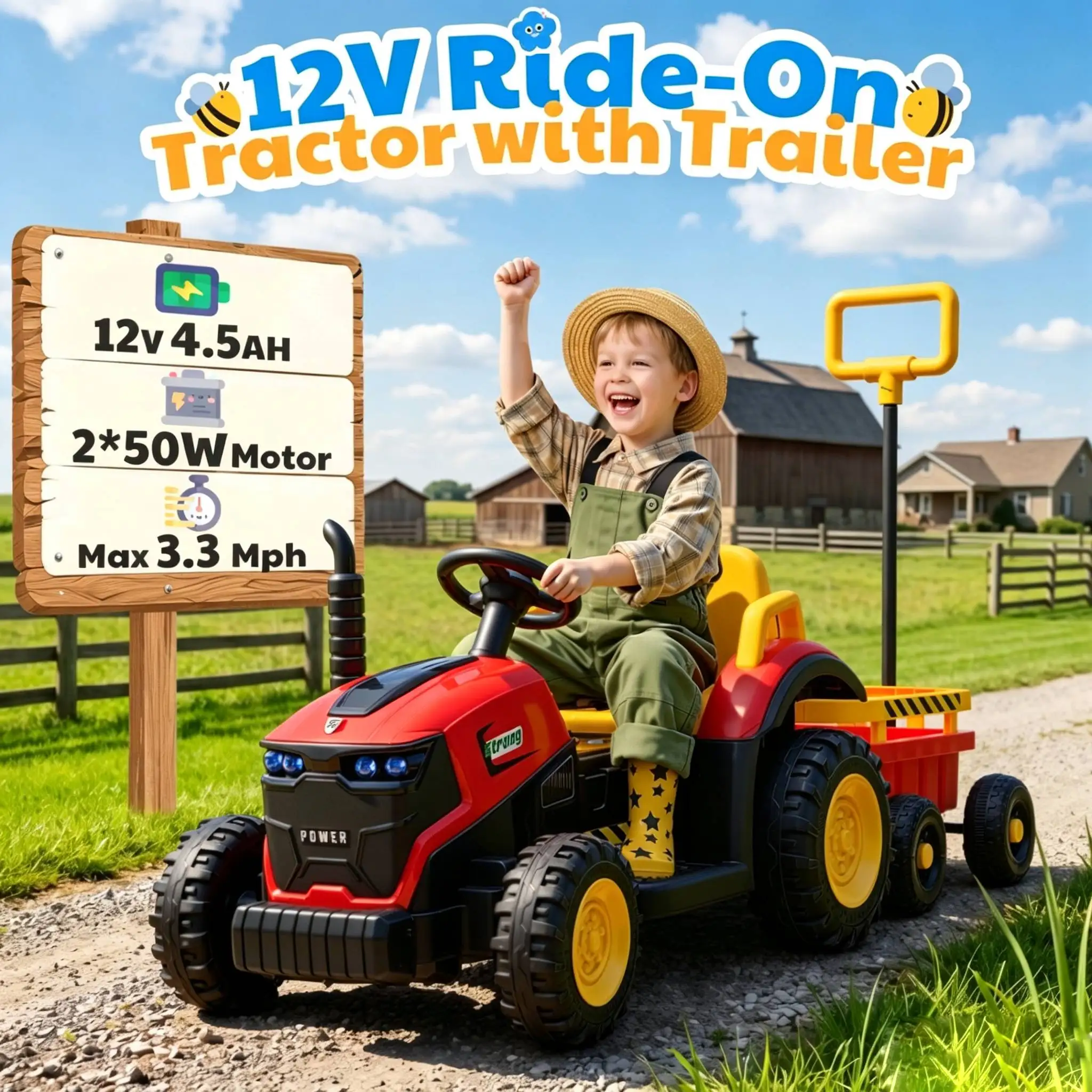 12V Kids Electric Ride On Tractor With Removable Trailer, Remote Control & Manual Drive 2 Modes, Bluetooth Music LED Light, Children Farm Ride‑on Car Toy Holiday Gift for Kids Boys Girls