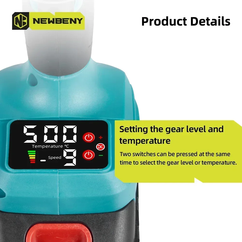 NEWBENY 500℃ Cordless Electric Hot Air Gun 9 Gears with LED Display Industrial Household Hair Dryer Tool For Makita 18V Battery