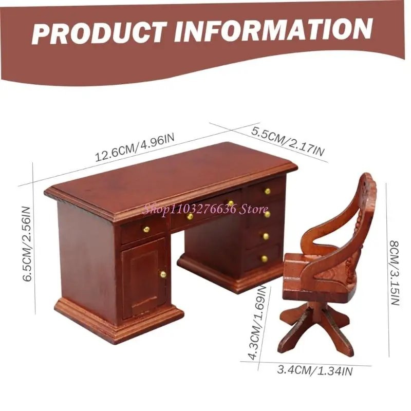 R6FD Tiny houten studiebureau en stoelset speelgoedhuismeubilair 1/12 schaal decoratie