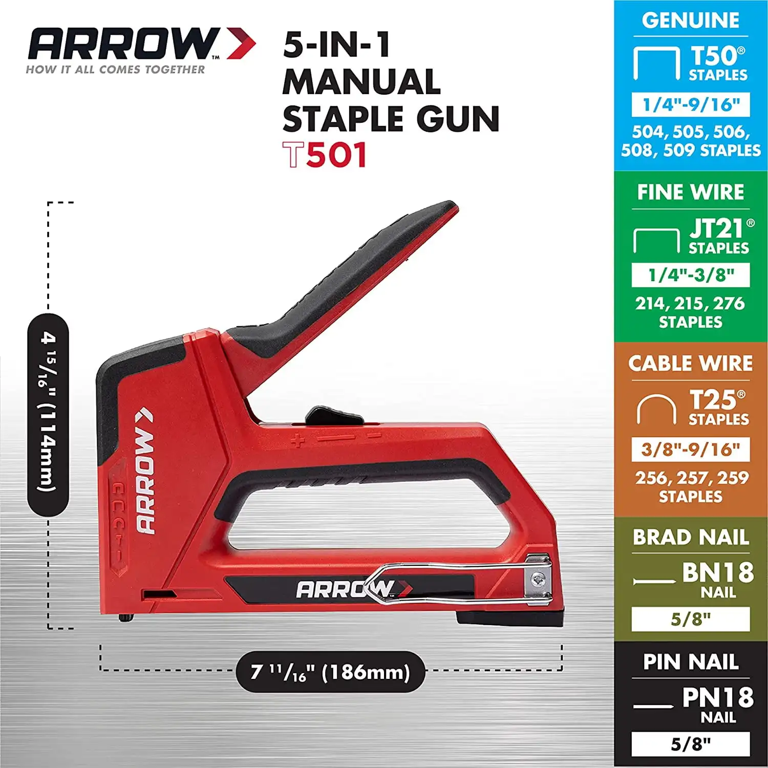 

Arrow T501 5-in-1 Multi Tacker Manual Staple Gun, Compact, High and Low Power, New