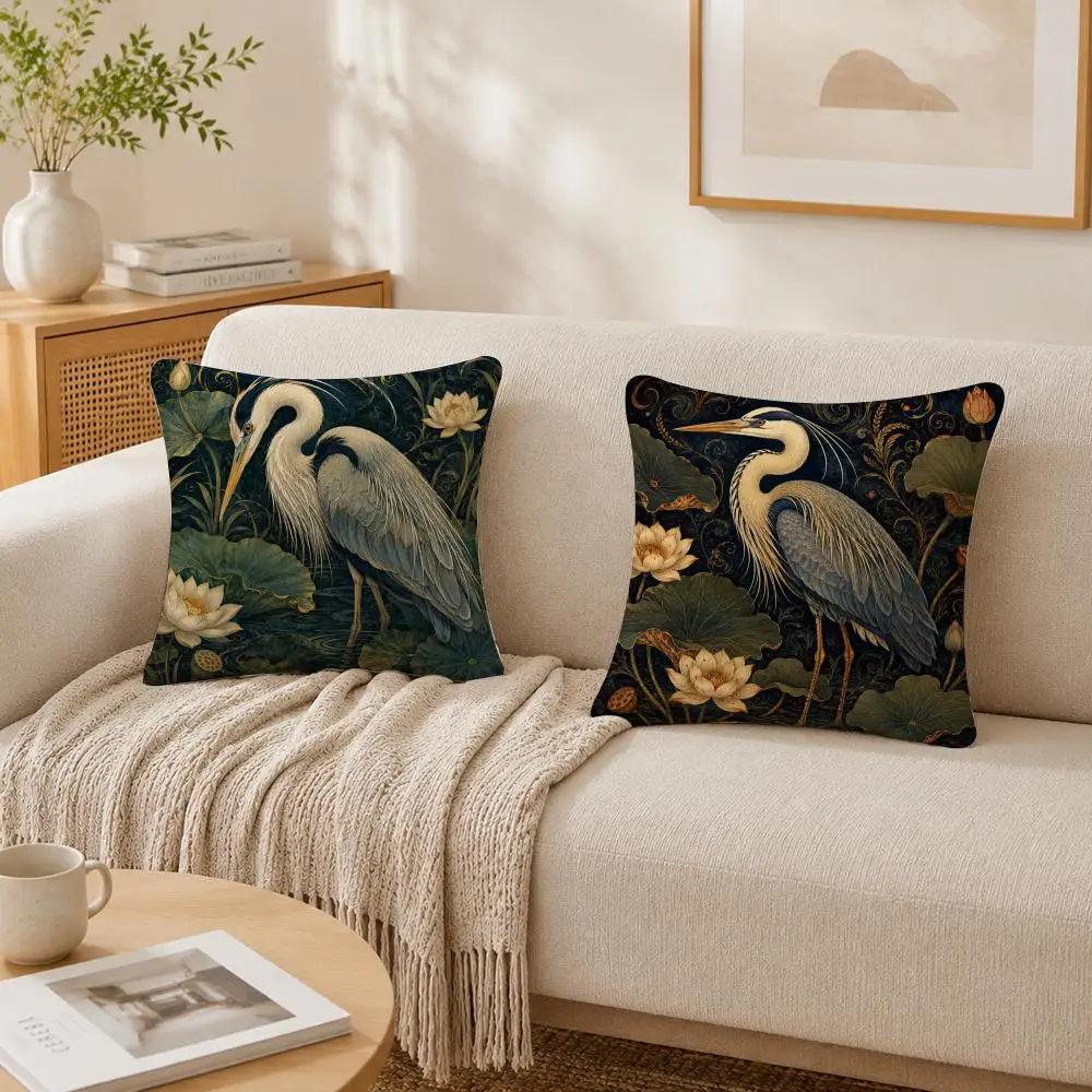 Coastal Style Heron Pillow Case Double-Sided Plush Sofa Cushion Covers Organic Breathable Invisible Zipper