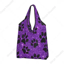 Purple Dog Paws Sparkle Cute Tote Bag Folding Shopper Bag for Women Shopping Work Outdoor Walking Fashion No Zipper Eco