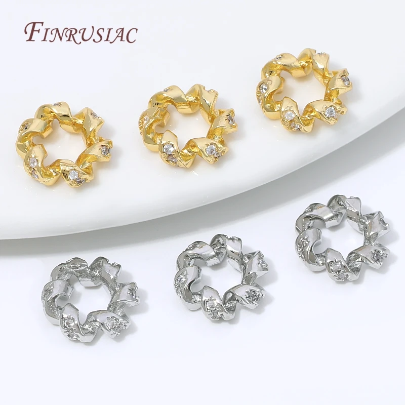 18K Gold Plated Twisted Spacer Beads Micro Pave Clear Zircon Hollow Ring Beads For Pearl Bracelet Necklace DIY Jewelry Findings