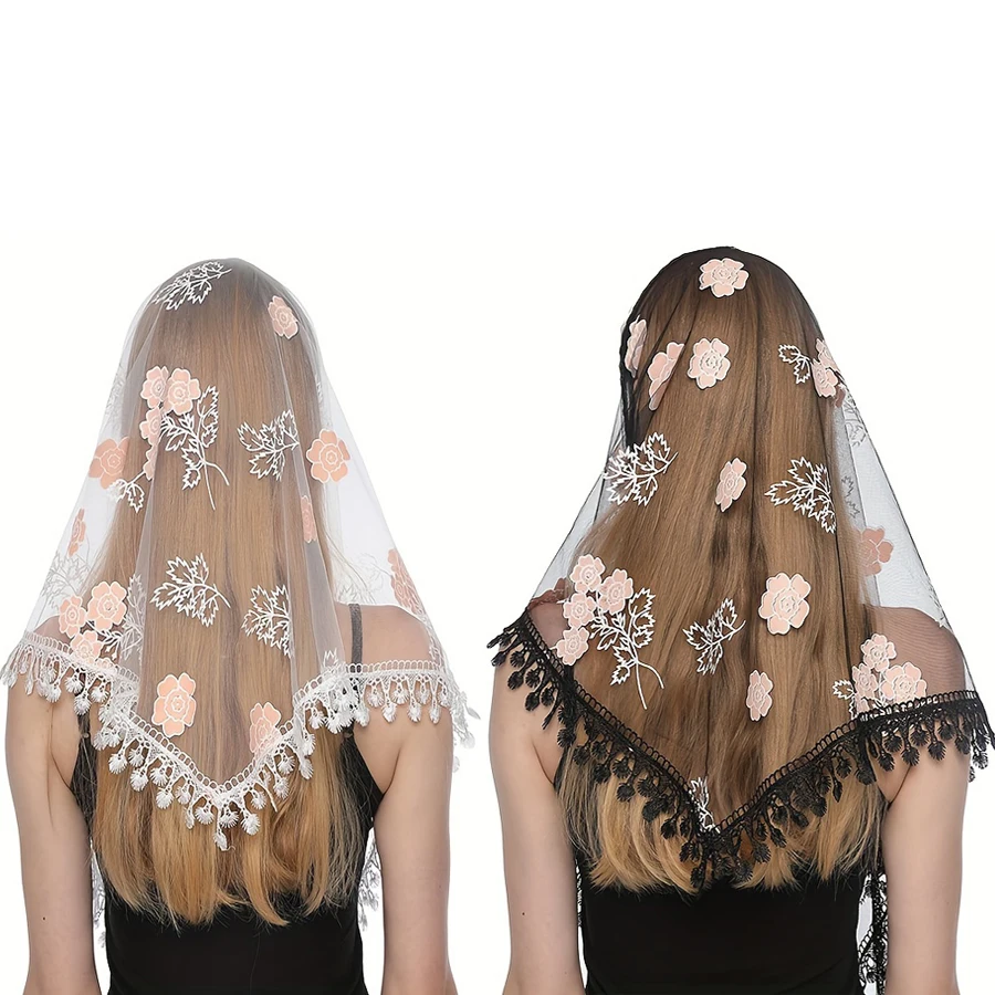 

Rose Print Tulle Semi-Transparent Pendant Tassel Lace Trim Triangle Scarf Shawl Headscarf For Party Wedding Church Daily commute
