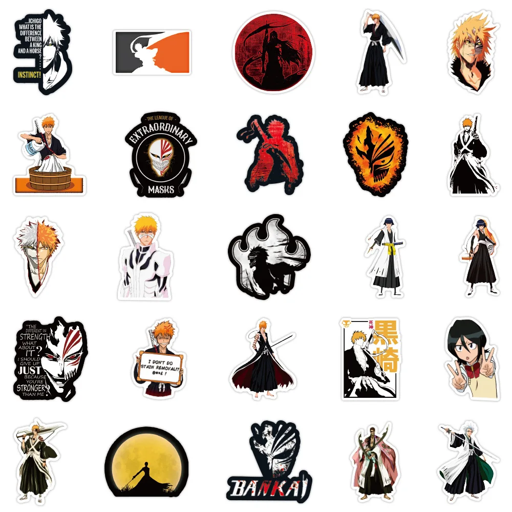 10/30/50pcs Kurosaki Ichigo Bleach Cartoon Stickers Girls Rukia Inoue Sticker Car Laptop Skateboard Phone Kenpachi Anime Decal