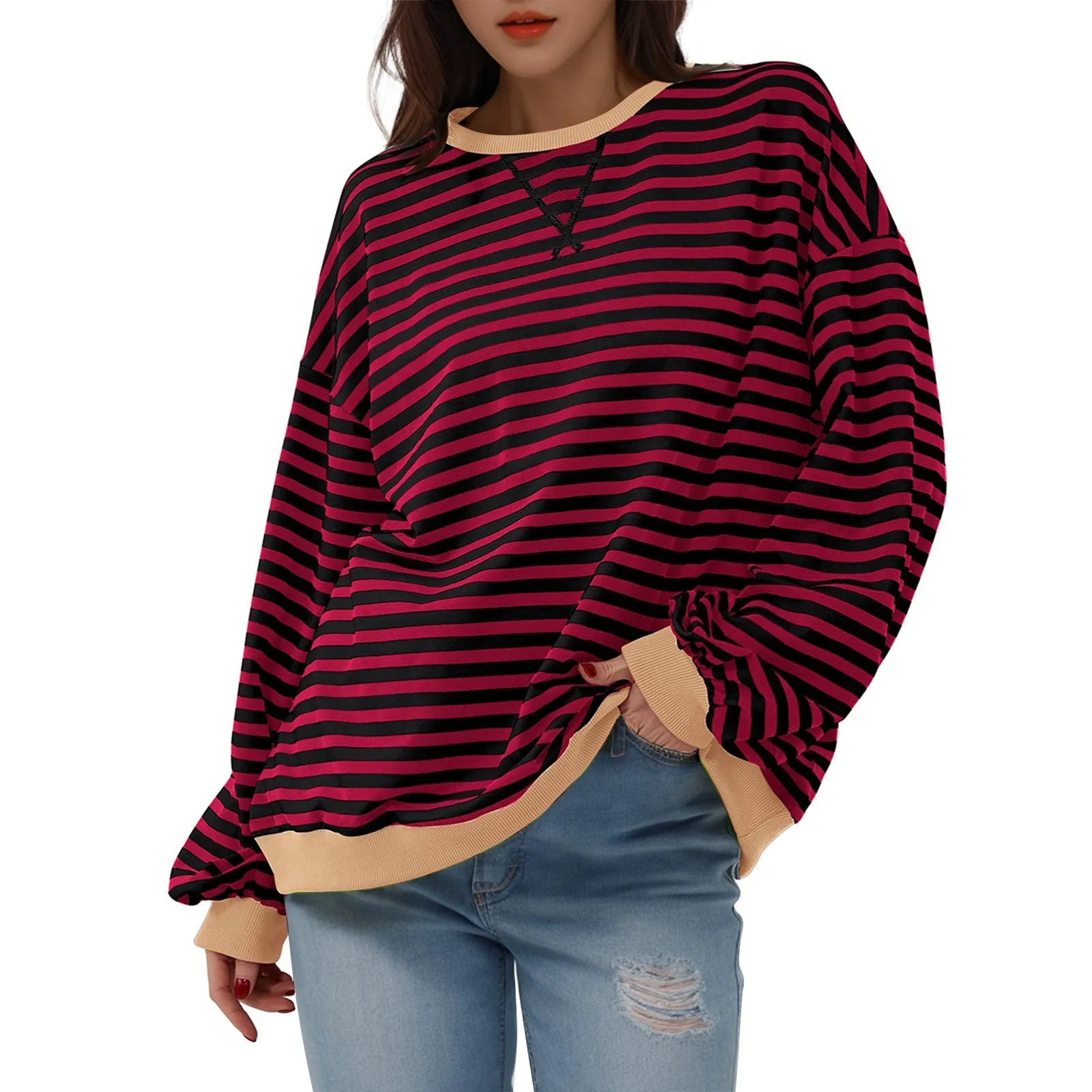 Women\'s Oversized Striped Color Blocking Long Sleeved Round Neck Sports Shirt Casual Loose fashion 2024 women\'s clothing