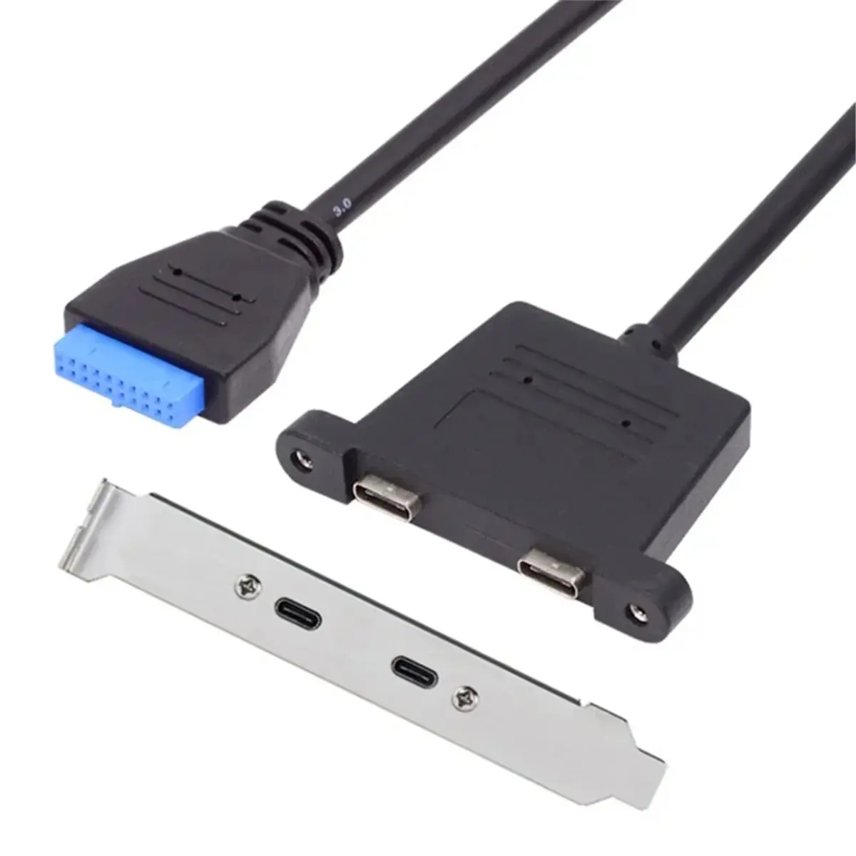(▲★HUND)0.5m Front PCI Card Slot USB 3.1 Port Expansion 20pin Female to Dual TYPE-C Female Data Cable with Bezel