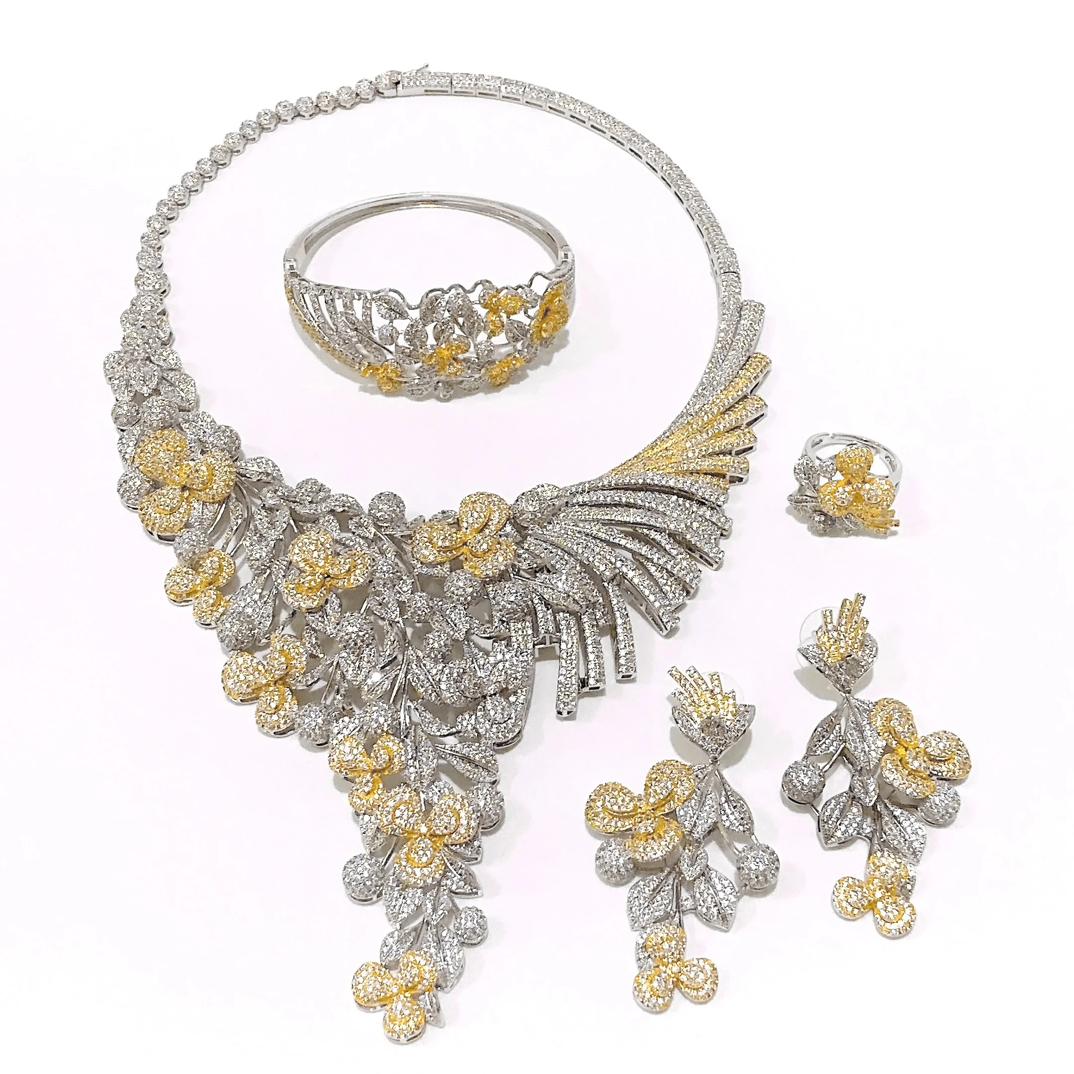 

Yulaili Новое поступление, двухцветный цветок, комплект ювелирных изделий с американским цирконием, блестящее модное ожерелье, браслет, серьги, комплект колец для свадьбы