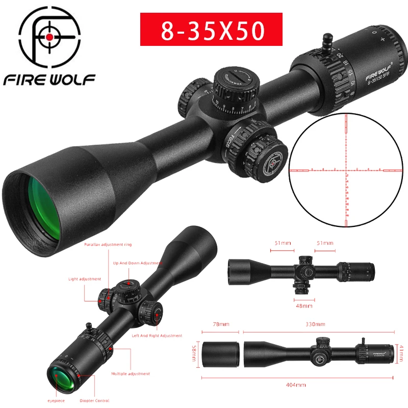 

FIRE WOLF 8-35X50 SFIR Scope Hunting Scope Glass Red Illumination Reticle Side Parallax Turret Lock Reset