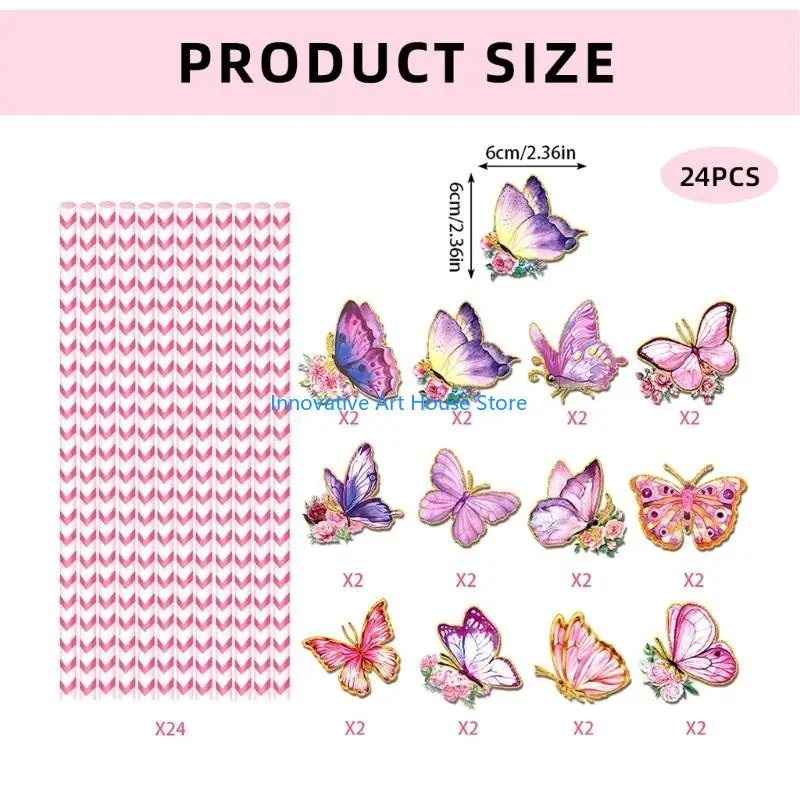 E1PC 24pcs Butterfly Themed Drinking Straw Biodegradable Paper Straw for Gatherings