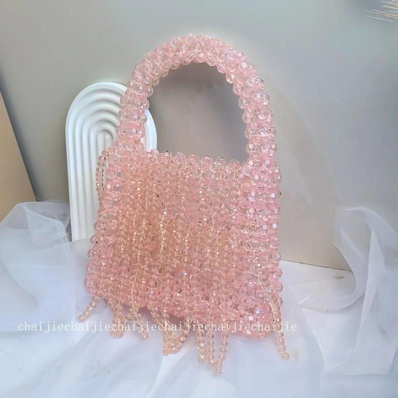 New Handmade Weaving Beaded Bag Pink Crystal Tassel Fashion Women's Bags High Grade Dinner Handheld Customized Female Designer