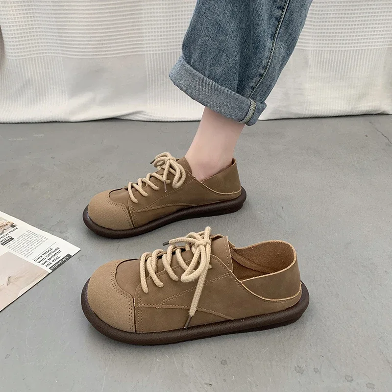 Moda versátil sapato feminino 2024 nova sola macia rendas casual simples emenda retro único sapatos planos femininos