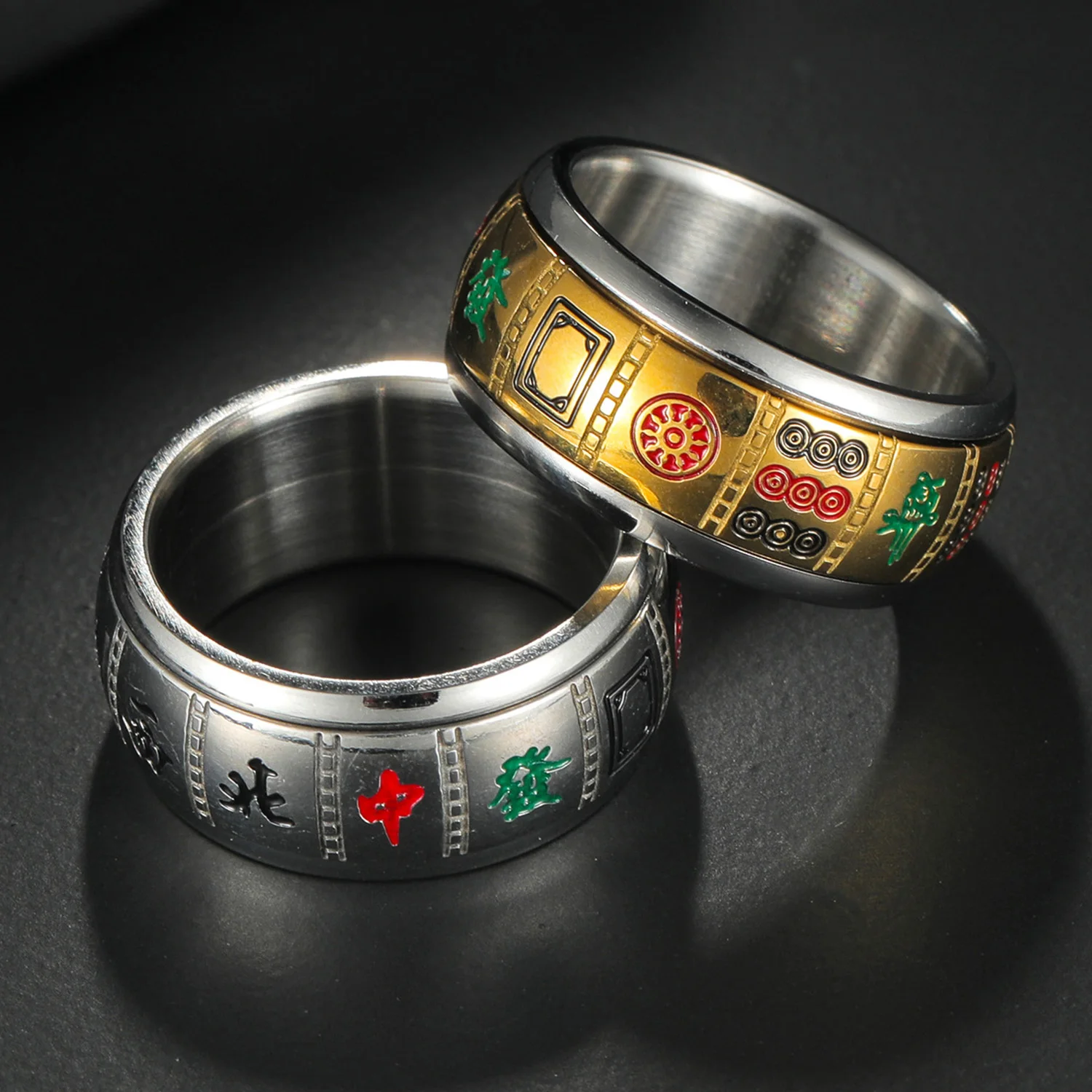 Chinese Mahjong Rotatable Ring Anxiety Fidget Stainless Steel Spinning Spinner Ring for Men Women Lucky Wealthy Wish Jewelry