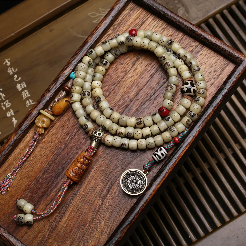 Natural Camel Bone Barrel Bead Carved Sravasti A-DaiBead Buddhist Prayer Beads Reclaimed Bone Tibetan-StyleMulti-Strand Bracelet