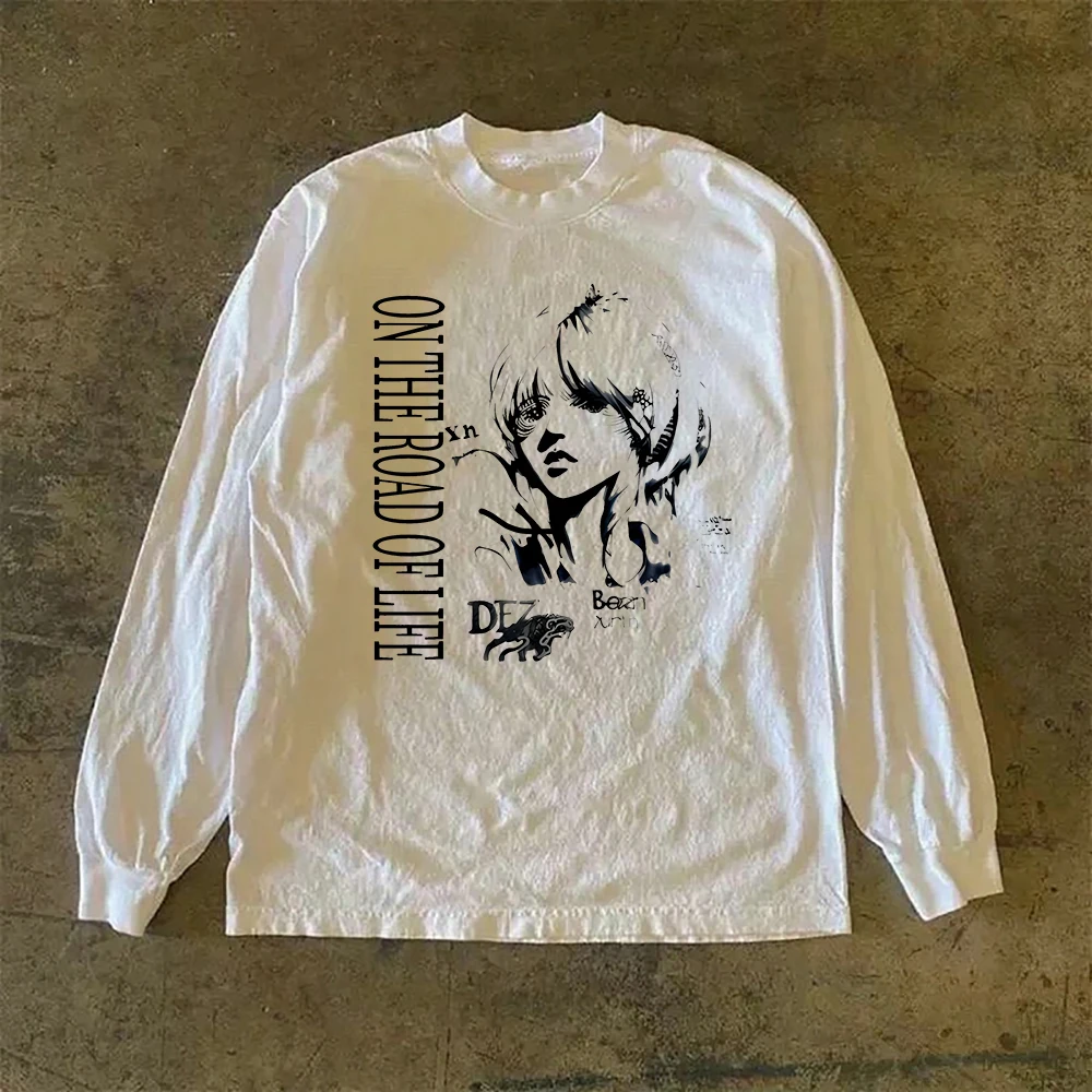 

Мужская свободная футболка с длинным рукавом из чистого хлопка, американская базовая футболка, молодежная модная универсальная повседневная модель на все сезоны