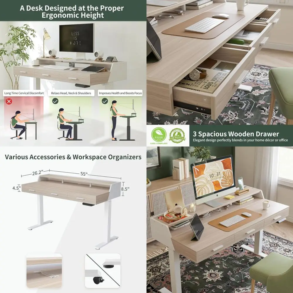 

Adjustable Height Electric Standing Desk, 55x26, with Monitor Shelf, Light Walnut Finish