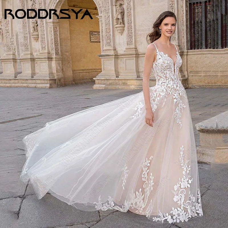 RODDRSYA Spaghetti Straps Appliques Wedding Dresses A-line Lace Sweep Train Bridal Gown Custom Made Backless vestidos de novia