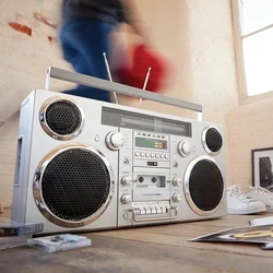 -Style Portable Boombox - CD Player, Cassette Player, FM Radio, USB, Wireless Bluetooth Speaker - Silver