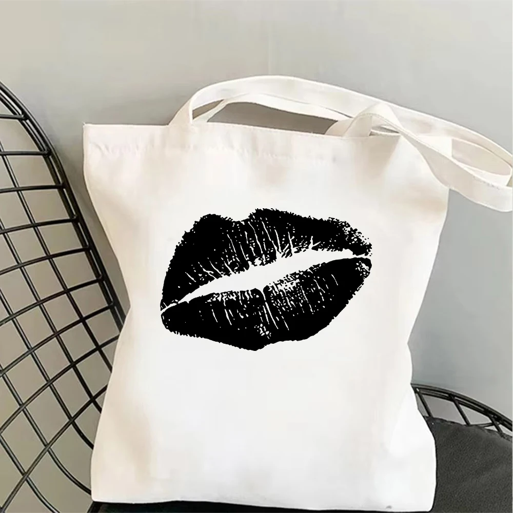 

Black Kiss Mark Lips Canvas Tote Bag Minimalist Shoulder Bag