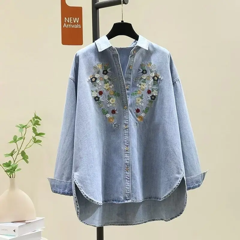 Women's Jeans Jacket No Curling Edges Retro Embroidery Denim Shirt Jacket Spring New Loose Design Long Sleeves Blouse Top