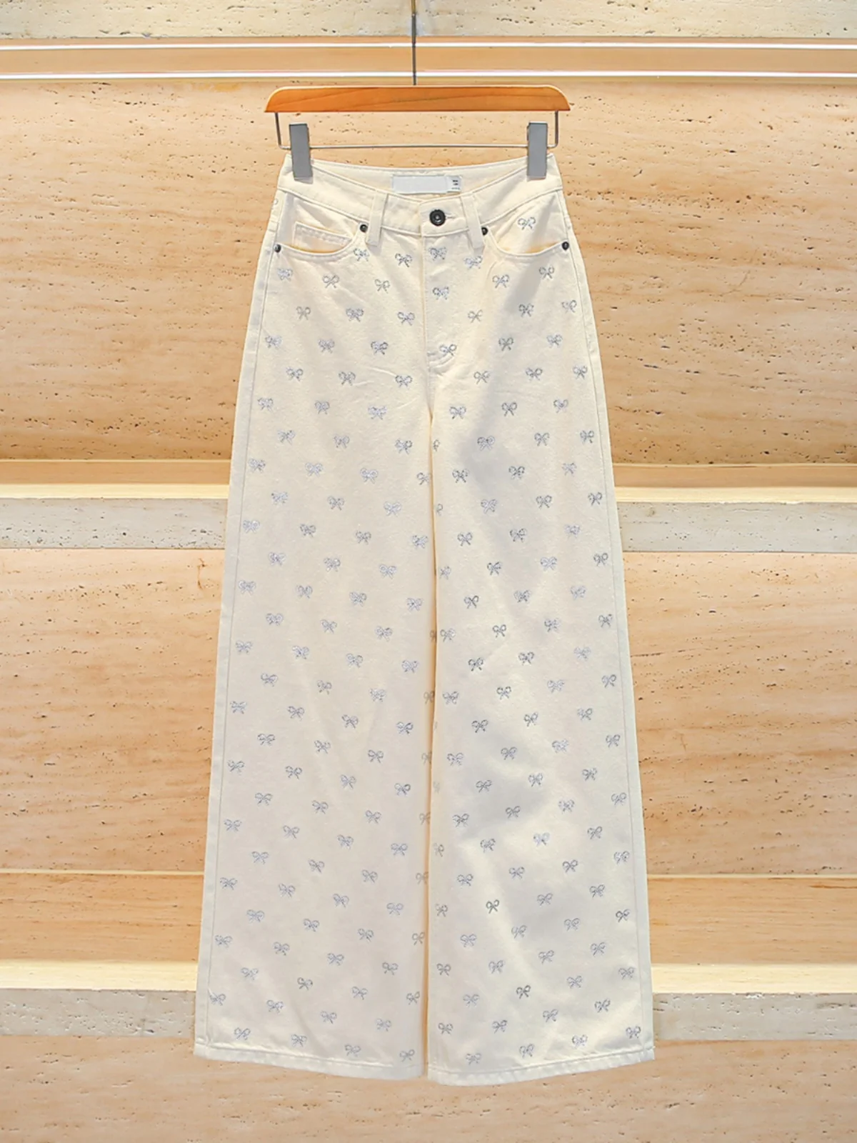 Denim jeans met hoge taille en wijde pijpen Casual Ivory Diamond Knot Premium Spring Faion-jeans voor dames van SP Home South Oil
