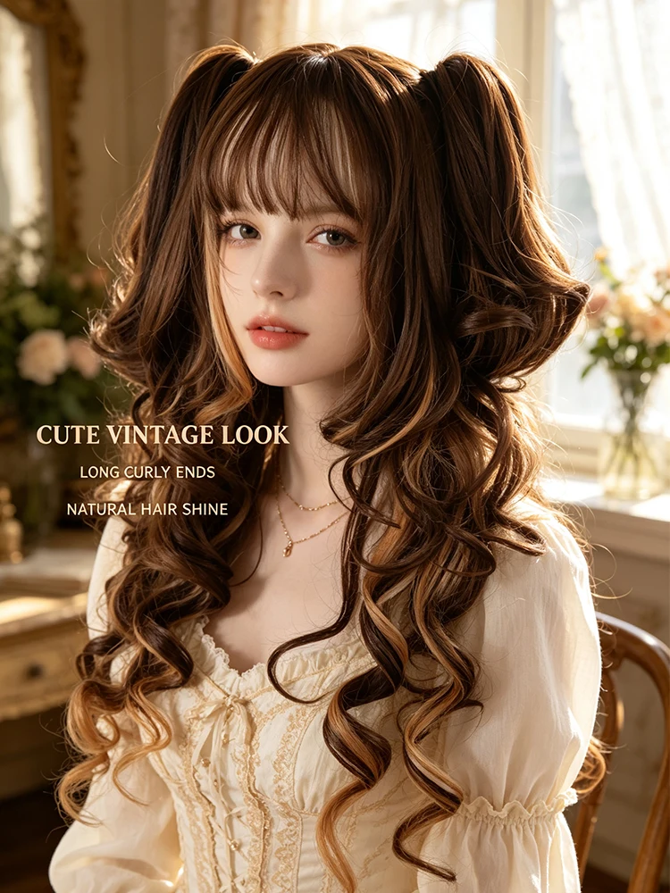 Synthetic 24 Inch Lolita Detachable Claw Clip Double Ponytail Curly Wig Halloween Cosplay Heat Resistant Fiber Hair