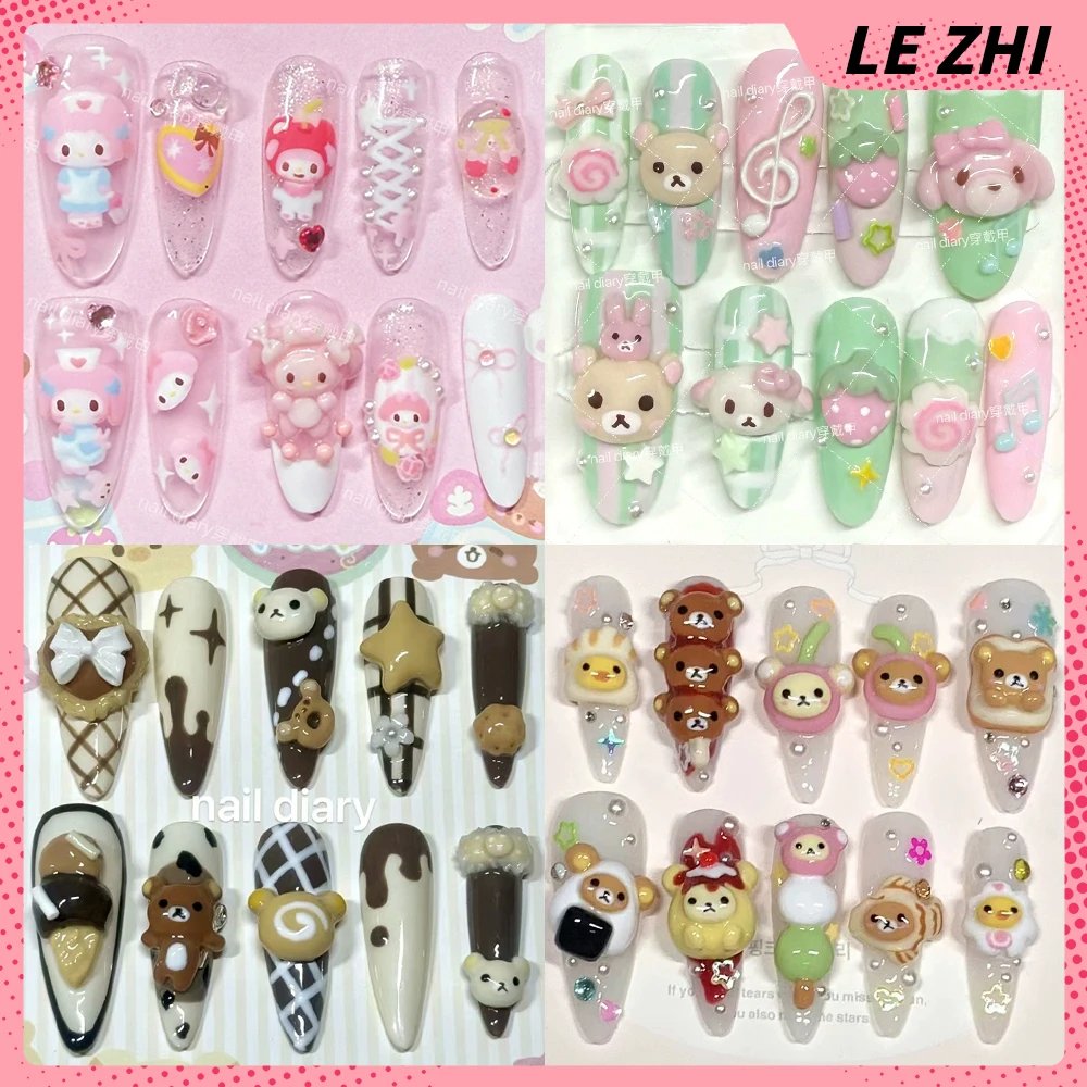 

Cartoon Anime 3D Rilakkuma Handmande Press On Fake Nails Kawaii Diamond Pearl Pentagram Almond Square Reusable False Nails
