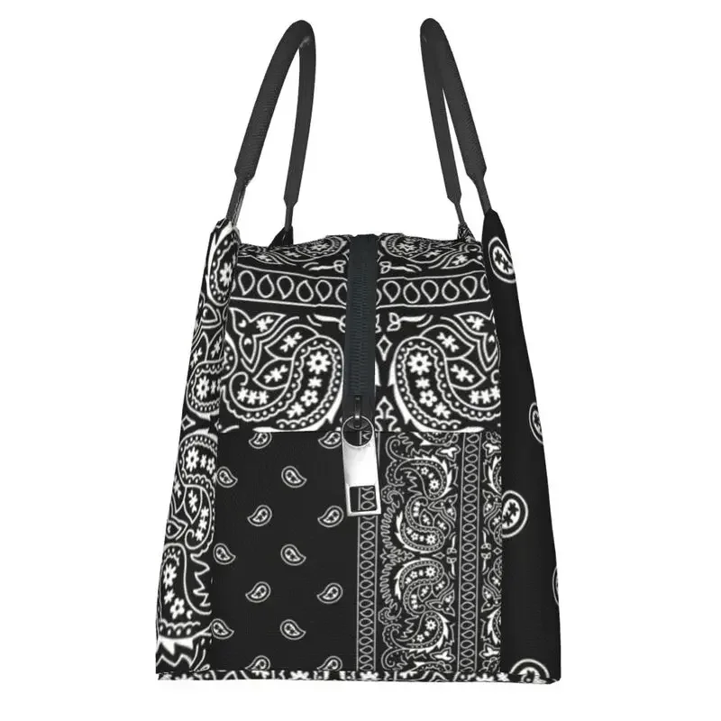 Black And White Paisley Chicano Bandana Style Thermal Insulated Lunch Bags Women Black And White Portable Lunch Meal Food Box