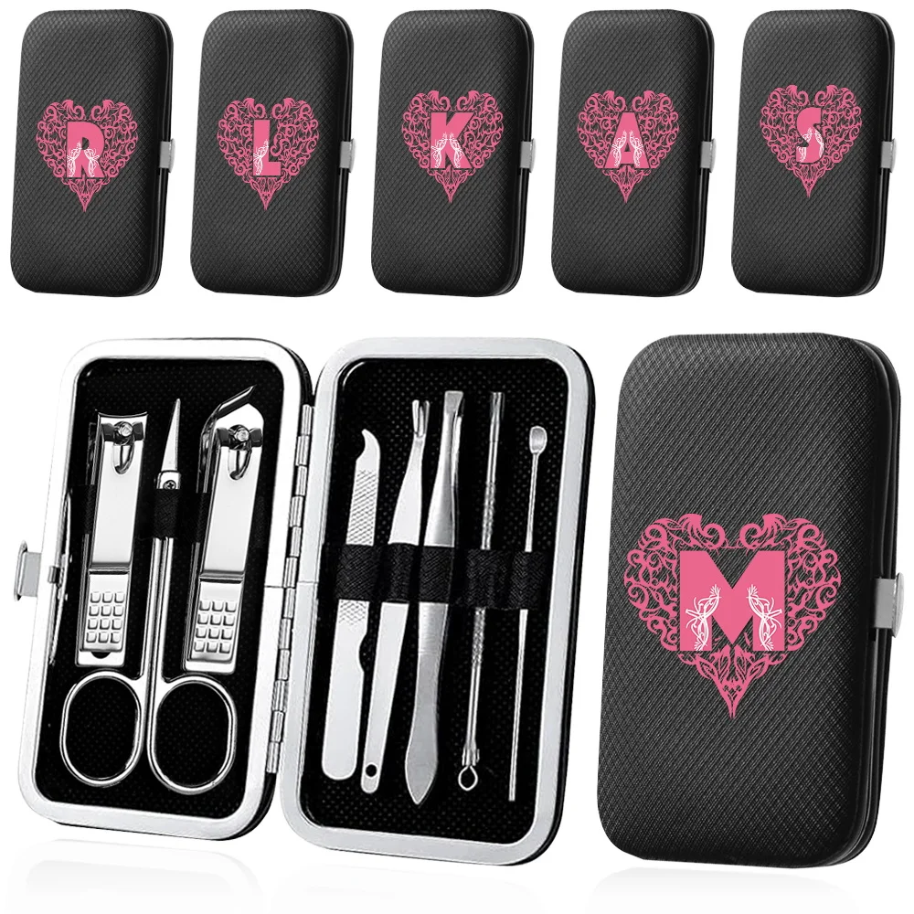 8Pcs Stainless Steel Manicure Tool Portable Nail Clippers Set Pedicure Kit PU Organizer Multifunctional Case Love Letter Pattern