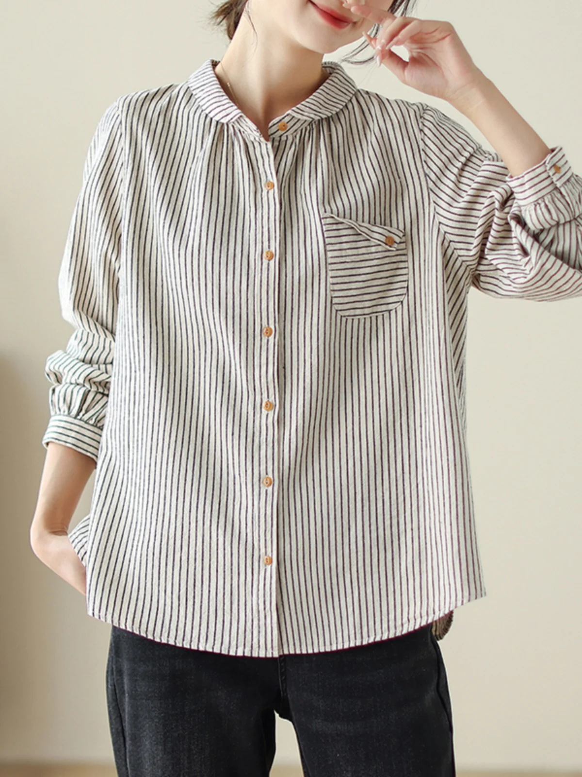 

Высококачественный японский женский длинный све, хлопок и лен, повседневный универсальный базовый слой, модный полосатый воротник, лоу...