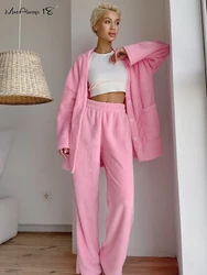 Mnealways18 Velvet Pink Warm Knitwear Homewear Outfits V-Neck Cardigan And Wide Legs Pants Two Pieces Sets Autumn 2024 Ladies