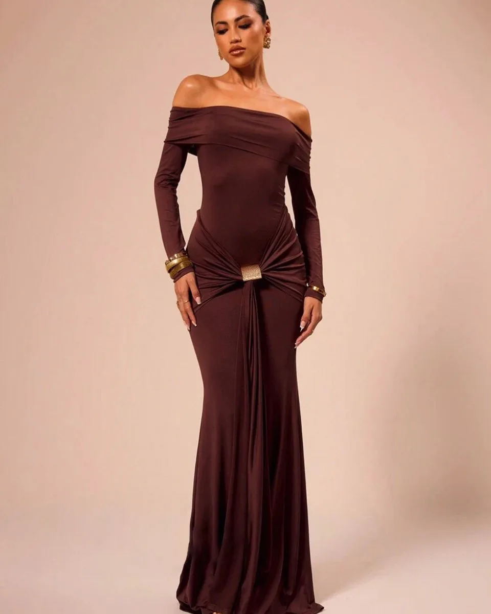 

2025 Spring Elegant Party Dress Women Ruched Metal Buckle Ribbon Slash Neck Full Sleeve Skinny Stretch Birthday Party Dresses