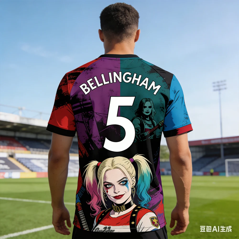 Bellingham # Camiseta de Fútbol Harley Quinn Generada por IA 2026, Ropa Deportiva Transpirable para Hombre y Niño, Manga Corta, para Fanáticos del Fútbol