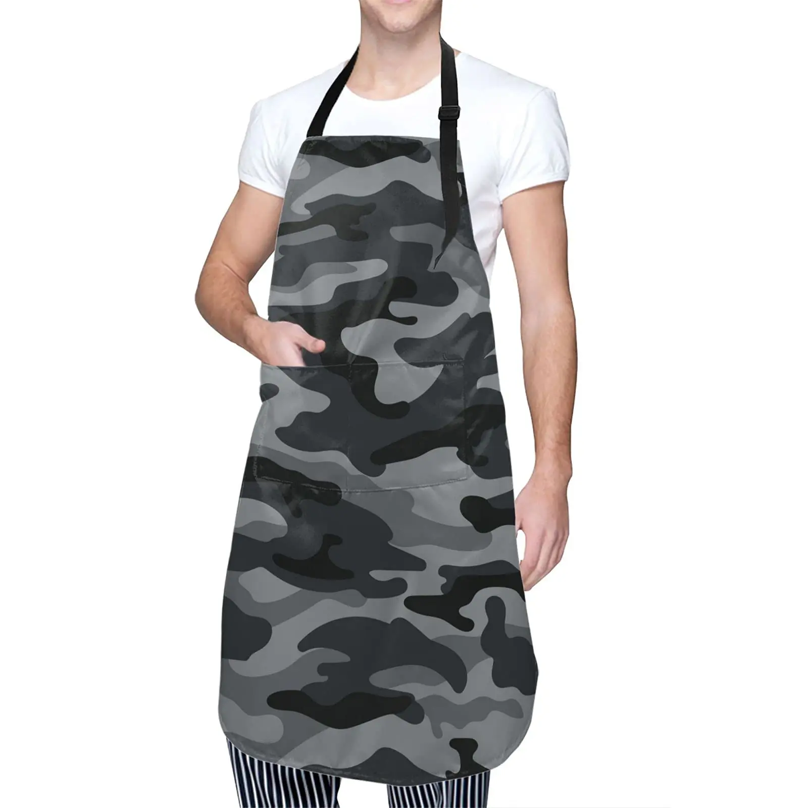 

Grey Military Camouflage Waterproof Apron With 2 Pockets Camo Kitchen Chef Aprons Bibs For Grooming Cooking Baking Painting