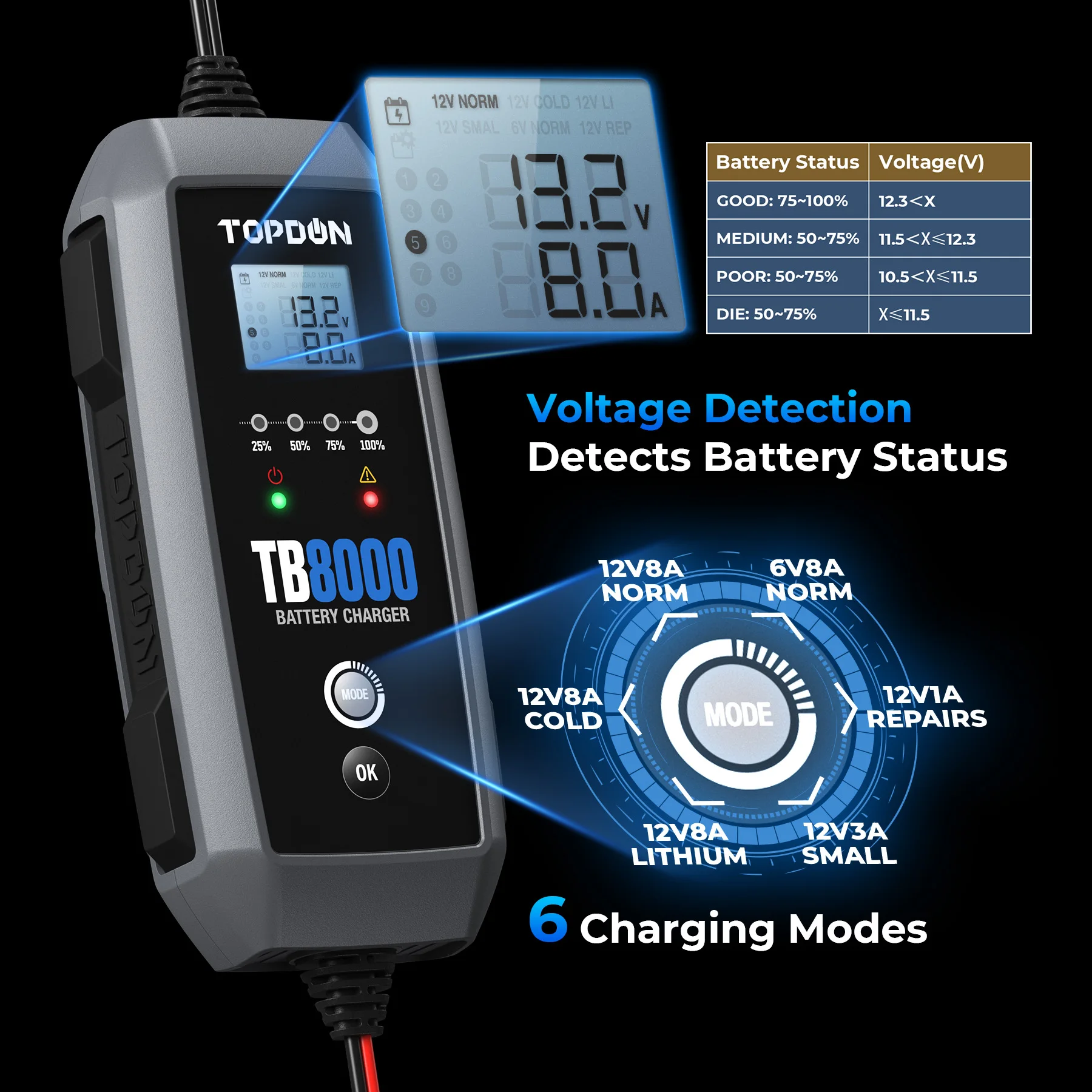 TB8000 12v 6v Repair Battery Charger Portable Car Battery Charge Li Ion Lifepo4 Battery Charger Discharger Tester 12 V
