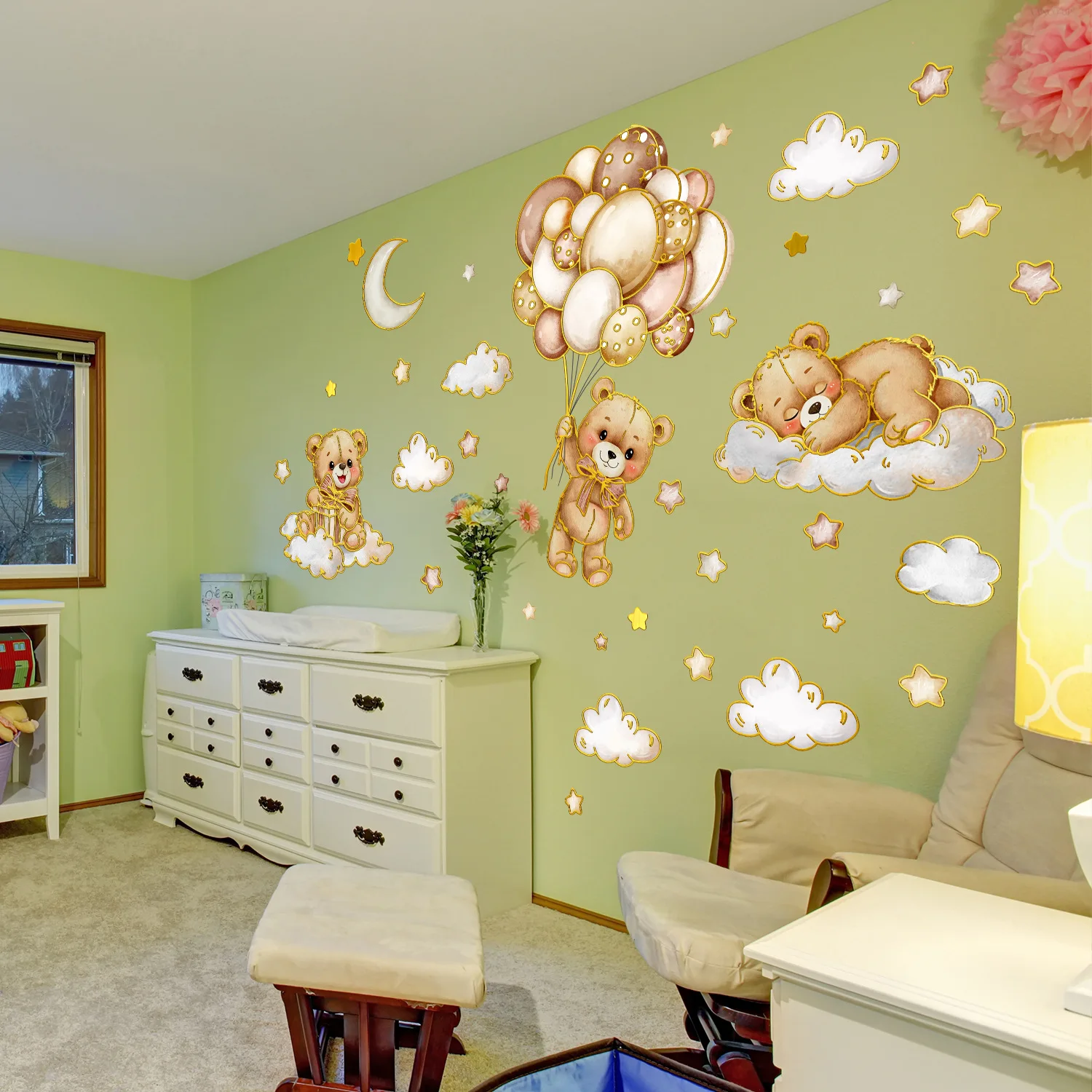 

Balloon & Sleepy Moon Wall Decals - Cartoon Star, Bear & Unicorn Stickers for Bedroom & Living Room